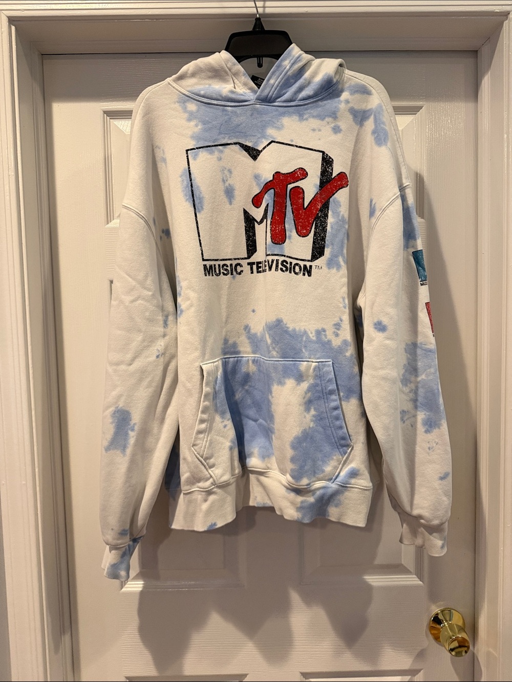MTV Hoodie with Red Logo and Light Blue Tie-Dye